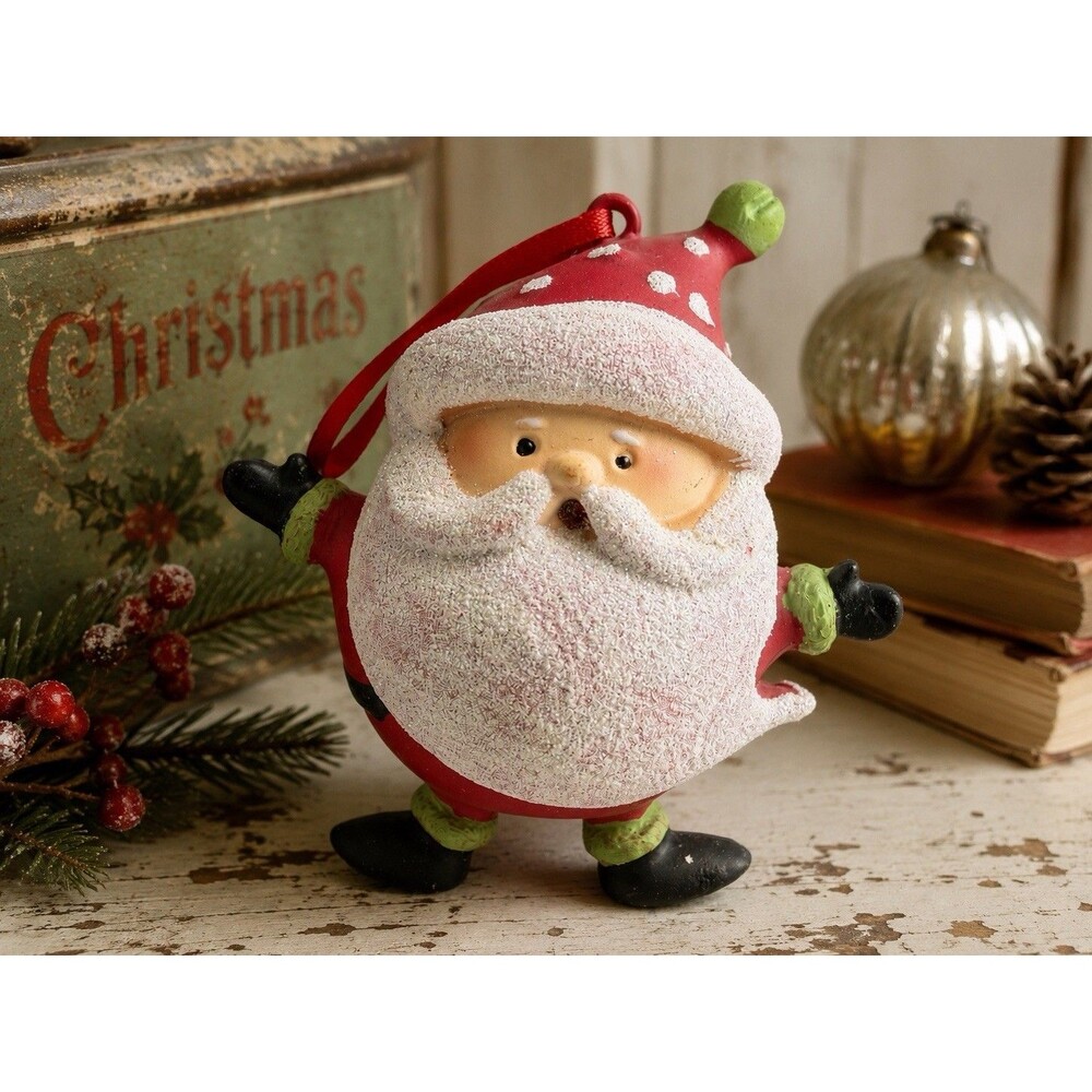 Vintage Flocked Round Santa Claus Christmas Ornament Glitter Resin Whimsical 4”